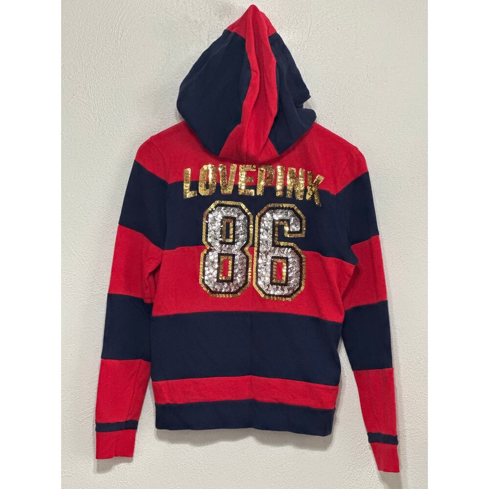 Y2K Victoria Secret PINK Rugby Stripe Hoodie S Red Navy Gold Sequin Sporty Girl